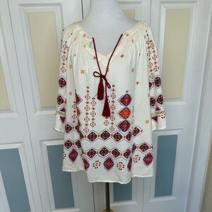 Fig & Flower Women’s Tunic Boouse Size L Cream Red‎ Embroidered Smocked Tie Neck